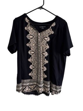 croft & barrow Black Short-Sleeve Top with Cream Design Size 1X